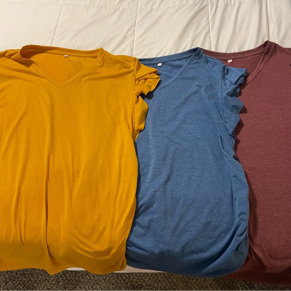 Lot of 3 Maternity V-Neck Flyaway Sleeve, Ruched Side Fitted Tops